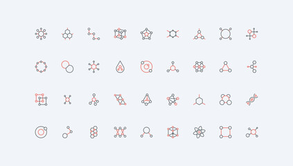 Wall Mural - chemistry, molecular structure and chemical formula, model of atom line icon set. data and bio cell,