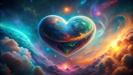 Wall Mural - celestial heart a cosmic landscape of vibrant nebulae, swirling clouds, and a heart-shaped planet re