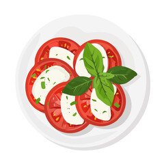 Simple flat 2D illustration of Caprese salad isolated on a white background, vector 2D Caprese salad, flat design, vector, simple illustration  tomato and basil and mozzarella cheese in a plate