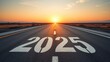 © Josh Zachary - New year 2025 or straight forward concept. Text 2025 written on the road in the middle of asphalt road with at sunset. Concept of planning, goal, challenge, new year resolution.