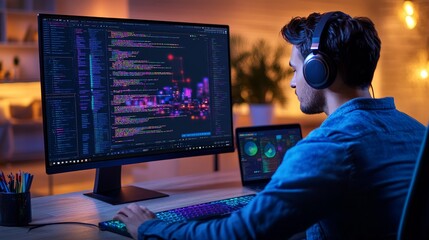Focused programmer coding late at night, using a desktop computer and headphones.