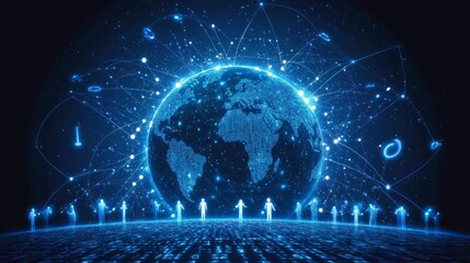 Global network connection, digital world, data flow, futuristic technology, glowing earth.
