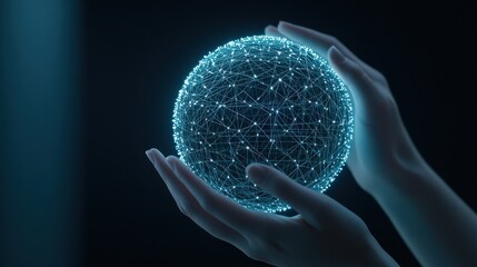 Aufkleber - Digital Sphere Representing Connectivity and Technology Through Interconnected Lines and Dots Held in Hands Against Dark Background