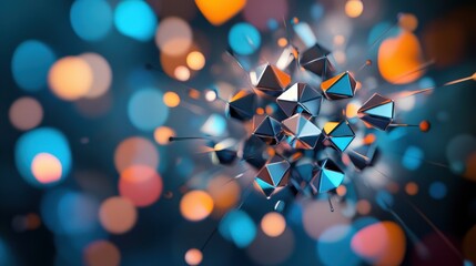 Poster - Abstract composition of geometric shapes with vibrant colors on a blurred background, creating a dynamic and visually captivating effect for digital art projects.