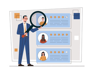 Wall Mural - Job candidate search. Man with magnifying glass evaluates workers and candidates at vacancy. Hiring and recruitment, performance. Flat vector illustration isolated on white background