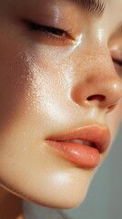 Close-up of hydrated healthy skin with surface light reflection emphasizing texture