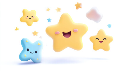 Poster - Cheerful 3D stars with smiling faces on white background