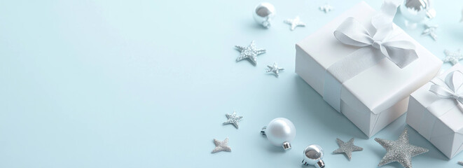Poster - White gift boxes with silver stars and ornaments on light blue background