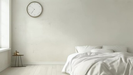 Aufkleber - Sunlight is streaming through window illuminating minimalist bedroom with unmade bed, clock on the wall, and small table in the corner
