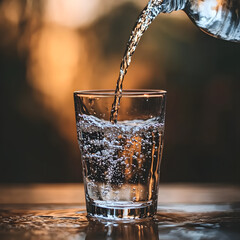Wall Mural - water being poured into a glass, dark background, realistic low depth photo