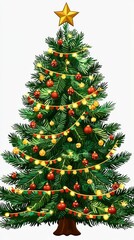 decorated christmas tree with gold star and lights - festive holiday illustration
