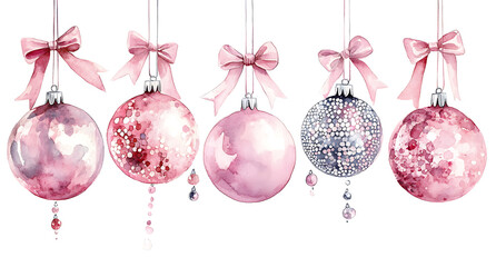 Wall Mural - Watercolor ornaments in blush pink with bows and sparkling details create festive and elegant holiday atmosphere. Perfect for seasonal decor and celebrations