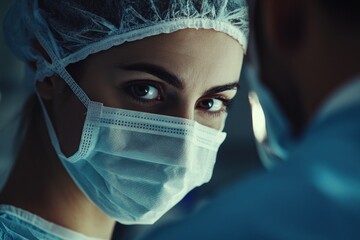 Female surgeon wearing protective mask looking at patient in operating room