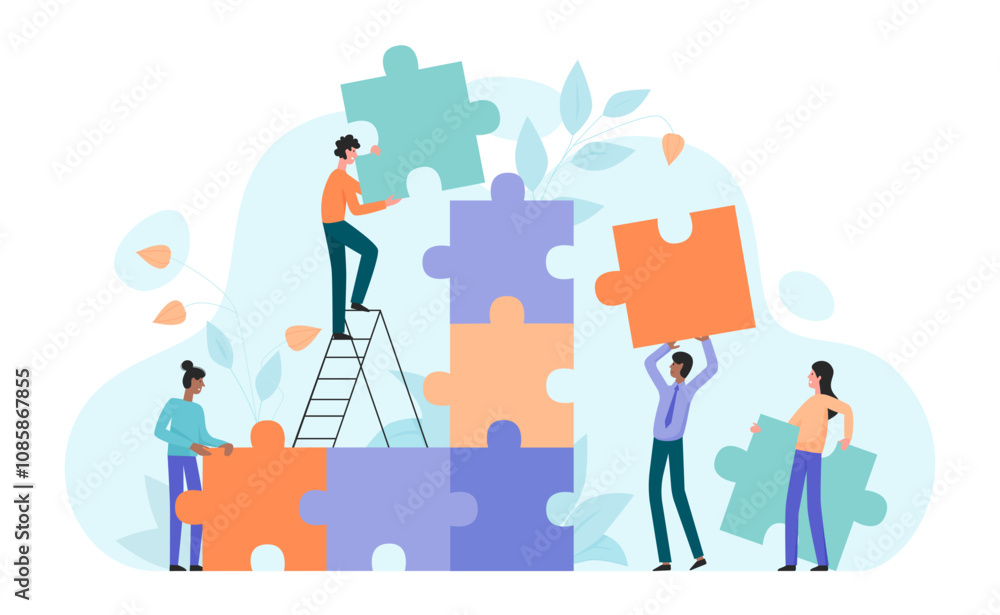 Working Together Figure Teamwork cooperation to connect puzzle solution, success unity of ...