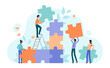 © Flash Vector - Teamwork cooperation to connect puzzle solution, success unity of corporate employees. Tiny people holding jigsaw piece to fit and match in tower creative project together cartoon vector illustration