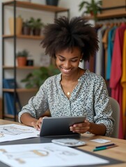 Poster - African American fashion designer smiles as she reviews designs on a tablet in a well-organized studio. Colorful fabrics hang nearby, showcasing her artistic environment.