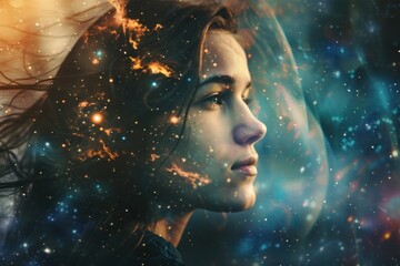 young woman combining with the universe in a spiritual awakening