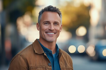 Smiling man in his thirties enjoys a sunny day on the streets of los angeles in casual attire