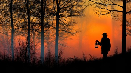 Poster - Silhouette of a person holding a lantern in a misty forest at sunset, AI