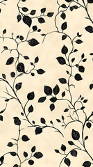 Wall Mural - leaves and twigs on beige paper, vintage seamless pattern with small black branches and leaves