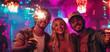 © Surachetsh - groups of women friends celebrating at a neon-lit party, holding sparklers that illuminate their joyful expressions.