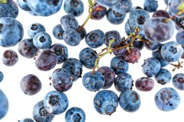 Wall Mural - Vibrant fresh blueberries gracefully floating on a clean white background for stunning imagery