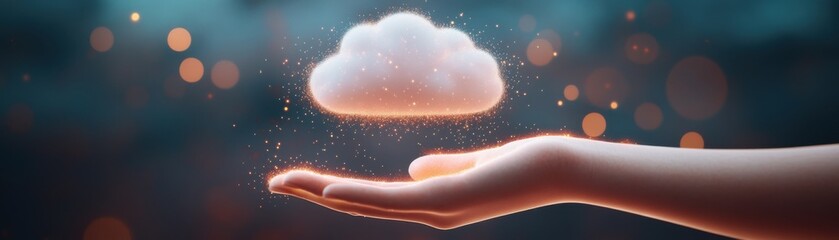 Hand holding a cloud representing digital storage.