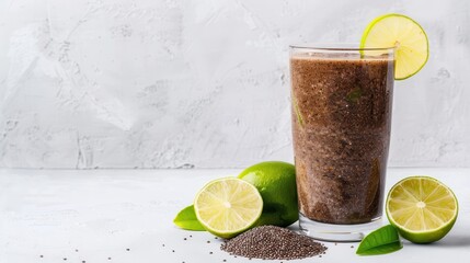 Wall Mural - Chia seed and lime. A refreshing chia seed drink with lime, served in a glass, garnished with a lime slice, and accompanied by fresh lime halves.