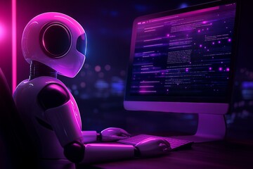 A robot is sitting in front of a computer monitor with a purple background. The robot is typing on a keyboard