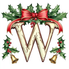 Ornate Christmas Letter W with Holly and Bells