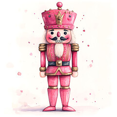 Wall Mural - watercolor illustration of bright pink nutcracker with cheerful expression, featuring crown and mustache, perfect for festive decor