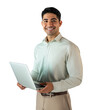 © Favio - Young hispanic businessman using laptop while standing confidently in casual office attire isolated on transparent background.