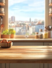 Wall Mural - In a modern kitchen, a wooden countertop displays vibrant red apples, while a large window reveals a breathtaking skyline, filling the room with warm natural light for a cozy atmosphere