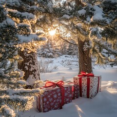 Wall Mural - Christmas gift packages left on snow in sunny weather