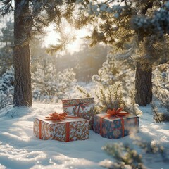 Wall Mural - Christmas gift packages left on snow in sunny weather