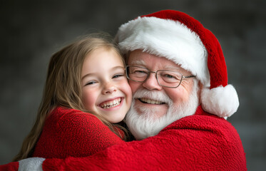 Wall Mural - A joyful moment between a girl and Santa during a festive holiday celebration