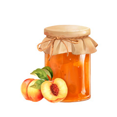 Glass jar of jam. Jar of sweet confiture. Hand-made conserves. Peach fruits jam. Illustration of homemade preparations