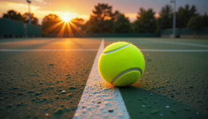 Wall Mural - Tennis ball on the court at sunset, vibrant mood, positioned for play, scenic background