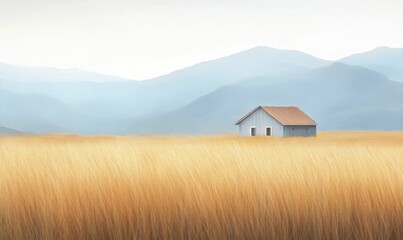 Sticker - Charming countryside hideaway surrounded by swaying grasses and rolling hills. Digital painting featuring gentle curves and soft hues evoking serenity.