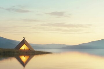 Sticker - Minimalist riverbank camp with single lantern and water reflections, clean lines and neutral palette, 3D illustration showcasing serenity.