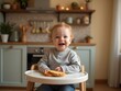 © Niphon - A baby boy is sitting in a child chair in a cozy kitchen. The mood is warm and inviting, capturing a moment of family life and comfort in a homey setting.