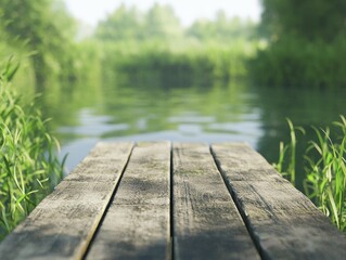 Poster - Tranquil wooden pier, soft green surroundings, digital artwork.