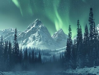 aurora borealis over snowy mountains at night. 3d rendering