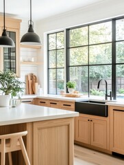 Canvas Print - Explore this stunning modern kitchen featuring beautiful wooden cabinetry, stylish open shelving, and a bright atmosphere ideal for family gatherings and cooking delicious meals together