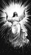 © Lamina - Clean black-and-white line drawing of Jesus ascending, with fine lines depicting radiant light, offering a modern yet timeless spiritual illustration.