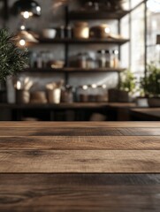 Wall Mural - A blurred kitchen image features a rustic wooden counter and modern shelves filled with kitchenware, creating a warm, inviting atmosphere ideal for dining and enjoying meals together