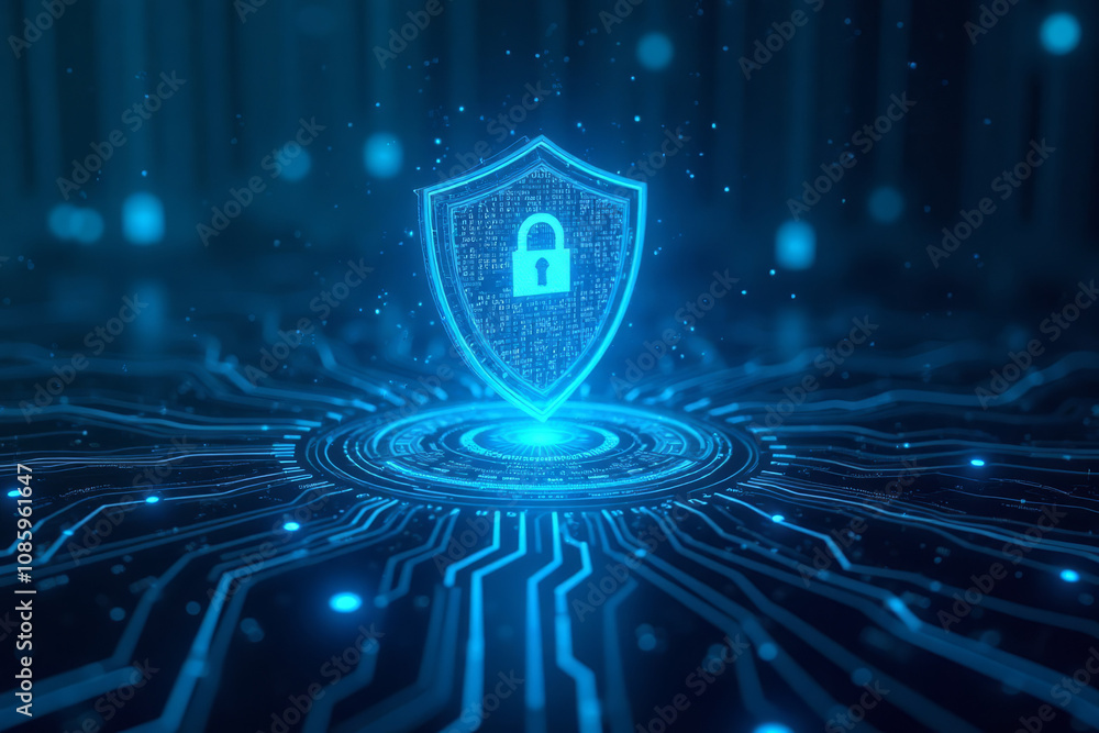 A luminous blue cybersecurity shield with digital circuits in a dark ...