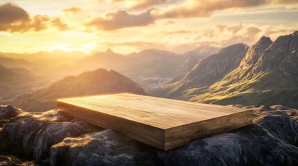 Wall Mural - 3d rendered realistic wooden podium stage in the mountains with sun shine