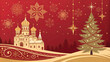 © DDA - Festive holiday illustration featuring a decorated Christmas tree and a beautiful church silhouette on a red background
