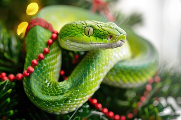 Poster - A green snake sits on top of a Christmas tree, perfect for holiday-themed images or unique decorative ideas